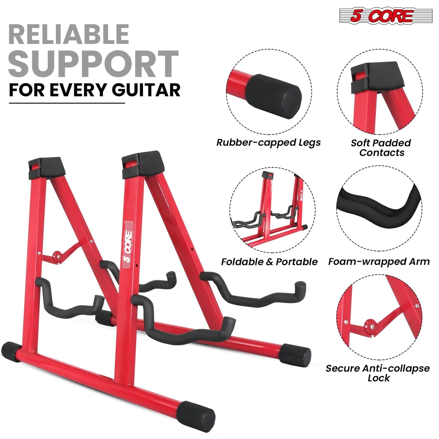 5Core Double Guitar Stand Floor Adjustable a Frame Folding Acoustic Electric Guitars Holder Stands