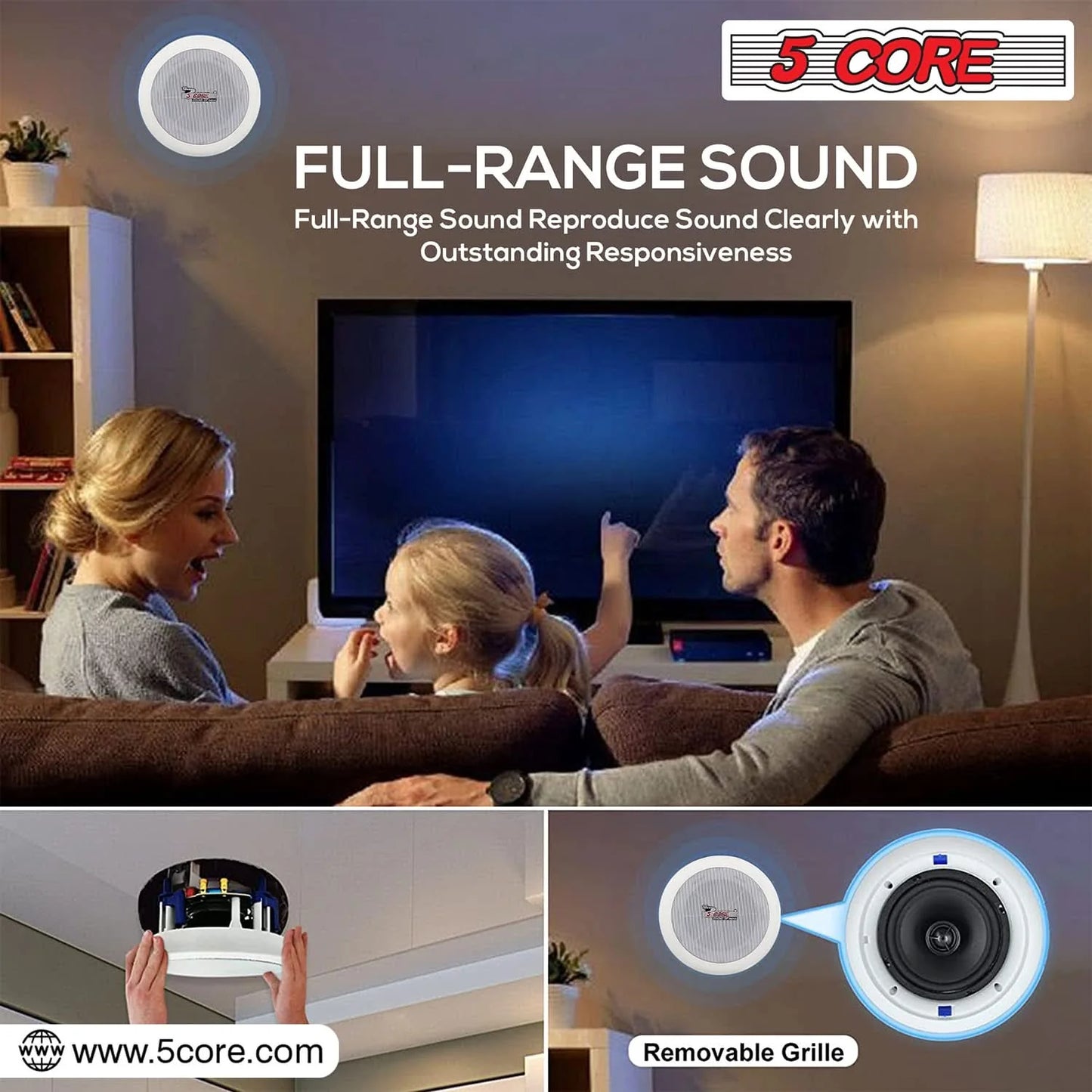 5Core Ceiling Speaker 6.5 Inch in Wall 2 Way Home Audio Mount 60W Sound System