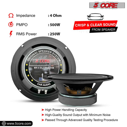 5Core 8 Inch Midrange Door Speaker 500W PMPO Subwoofer W Aluminum Bullet 4Ω Sub Woofer