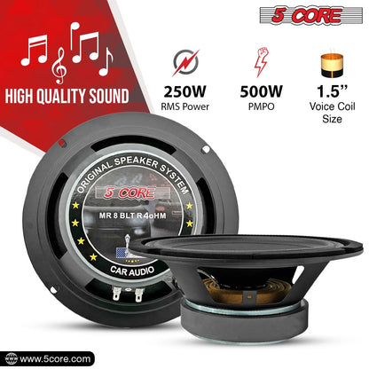 5Core 8 Inch Midrange Door Speaker 500W PMPO Subwoofer W Aluminum Bullet 4Ω Sub Woofer